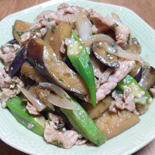 豚こま肉となすとオクラの大葉炒め